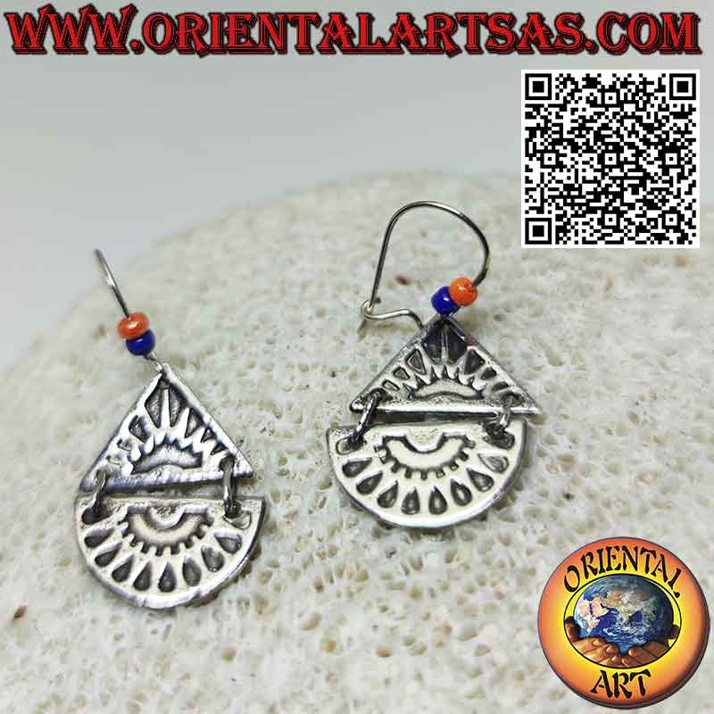 Mayan silver earrings with low relief sun on triangle and semicircle