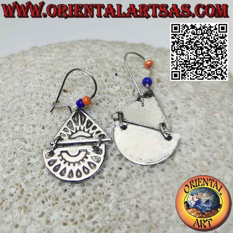 Mayan silver earrings with low relief sun on triangle and semicircle