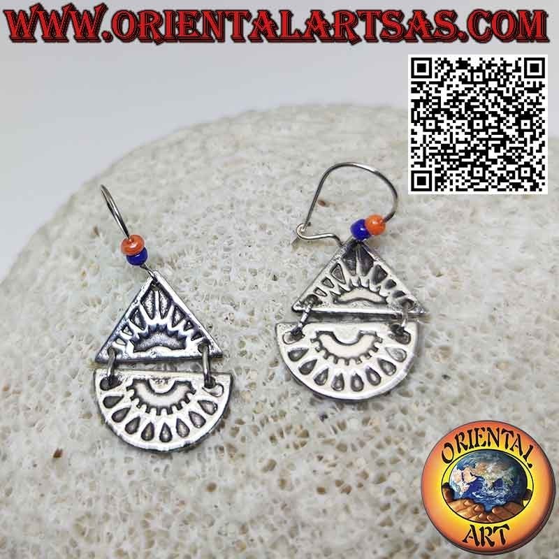 Mayan silver earrings with low relief sun on triangle and semicircle