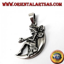 Pendentif argent, fée avec baguette magique sur la lune