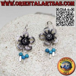 Silver flower earrings with three pendants complete with turquoise spheres
