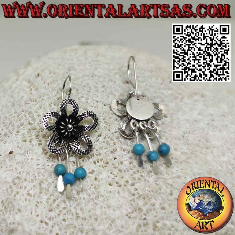 Silver flower earrings with three pendants complete with turquoise spheres