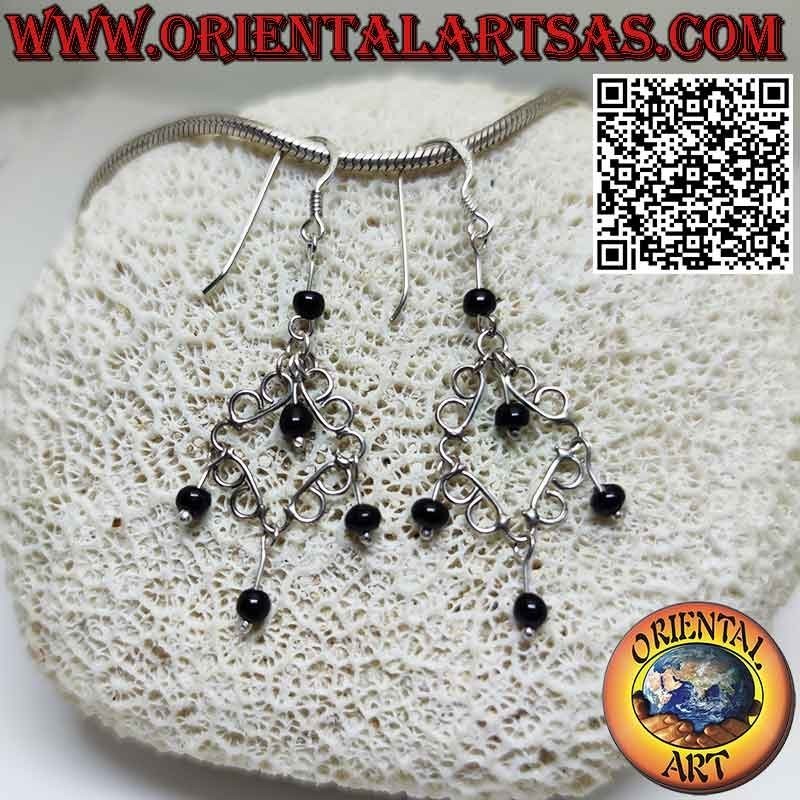 Boucles d'oreilles en fil d'argent 925 et cinq sphères d'onyx pendantes