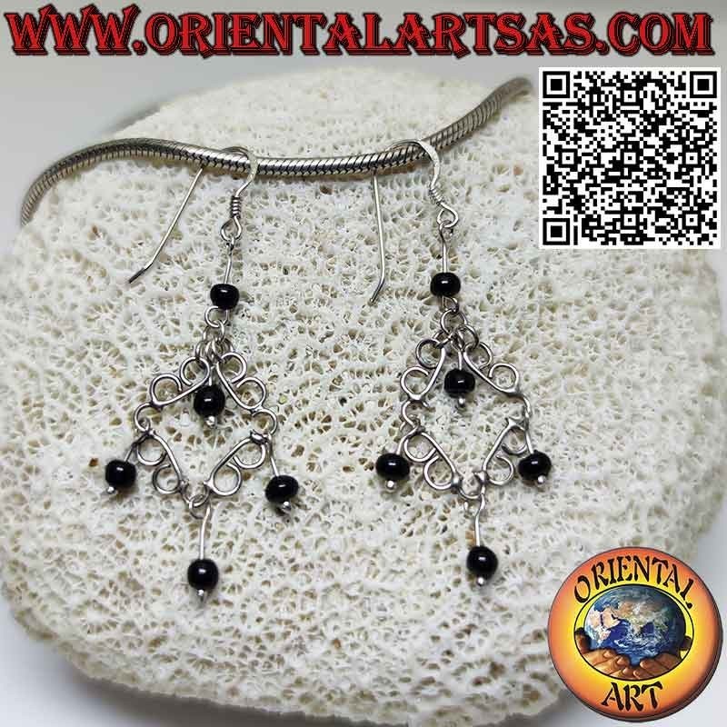 Earrings made with 925 silver wire and five pendant onyx spheres