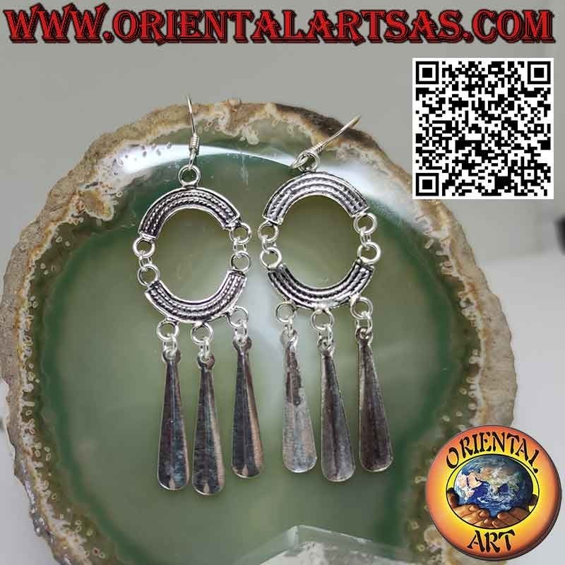 Silver earrings with 2 chiseled opposing arches with 3 pendants