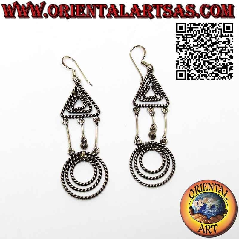 Boucles d'oreilles triangle et cercle en fil d'argent tressé