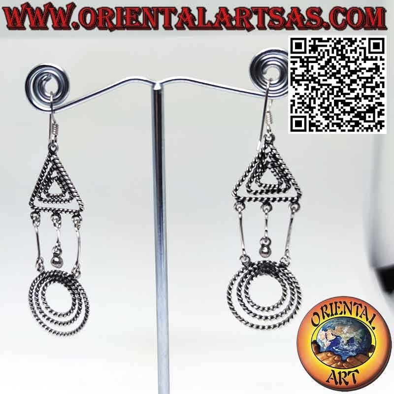 Boucles d'oreilles triangle et cercle en fil d'argent tressé