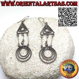 Triangle and circle earrings made with silver braided wire