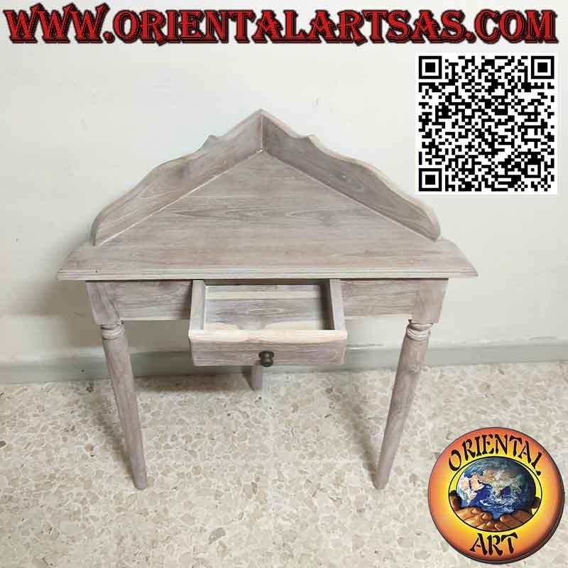 Corner console table with round feet in pickled teak wood