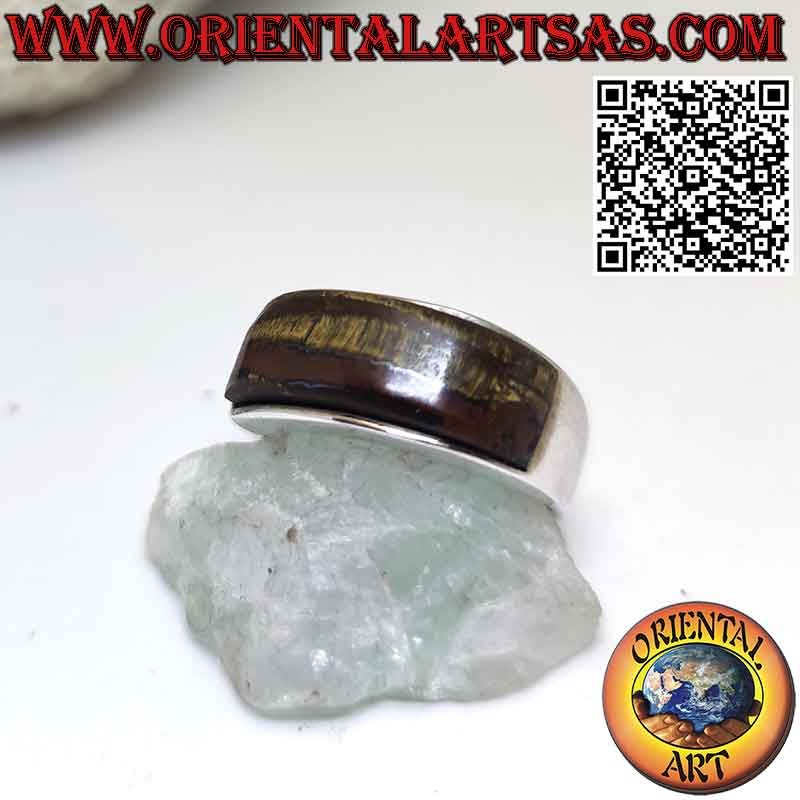 Silver band ring with rectangular curved tiger eye