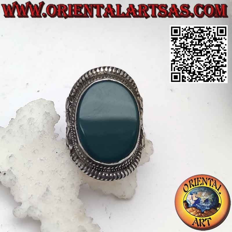 Nepalese style silver ring with a large natural green agate
