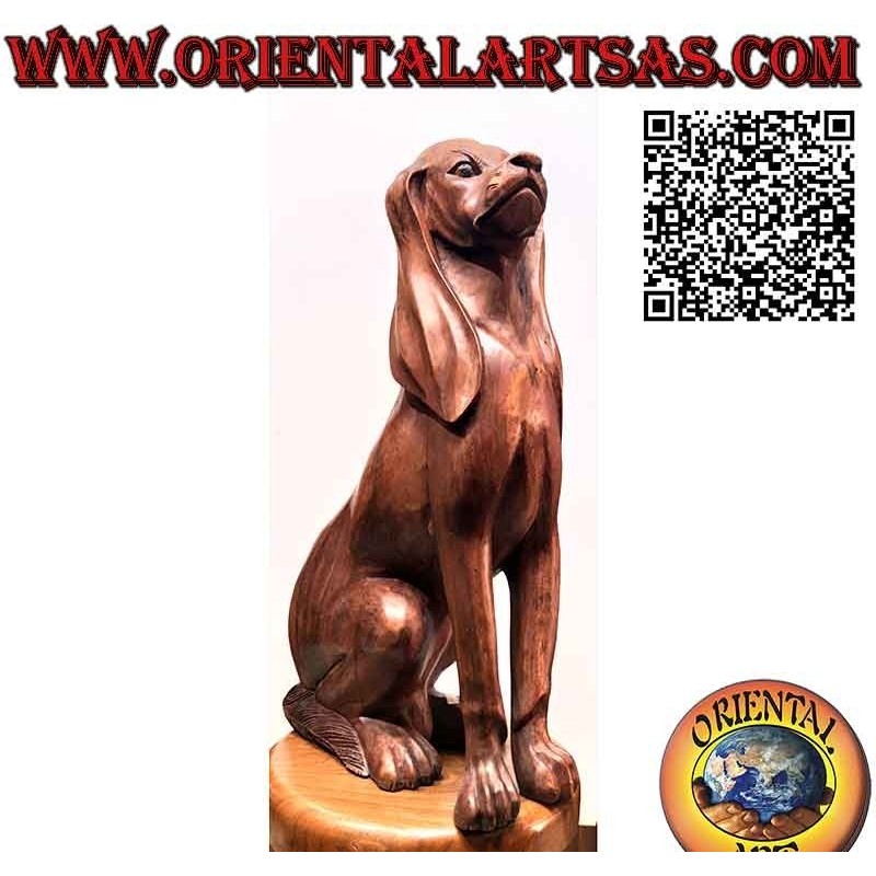 63 cm Suar-Holzskulptur eines sitzenden Jagdhundes auf Wache