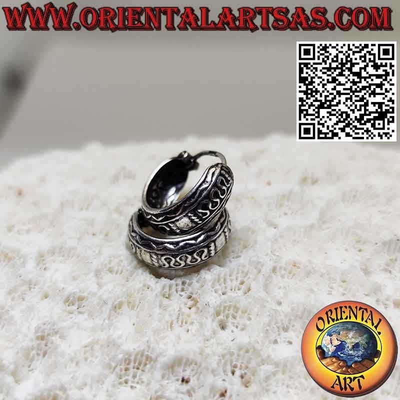 Boucles d'oreilles en argent cercle large arrondi ciselé de vagues de 12 mm