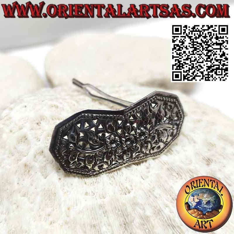 Barrette à cheveux en argent 925 ciselé floral avec petit peigne