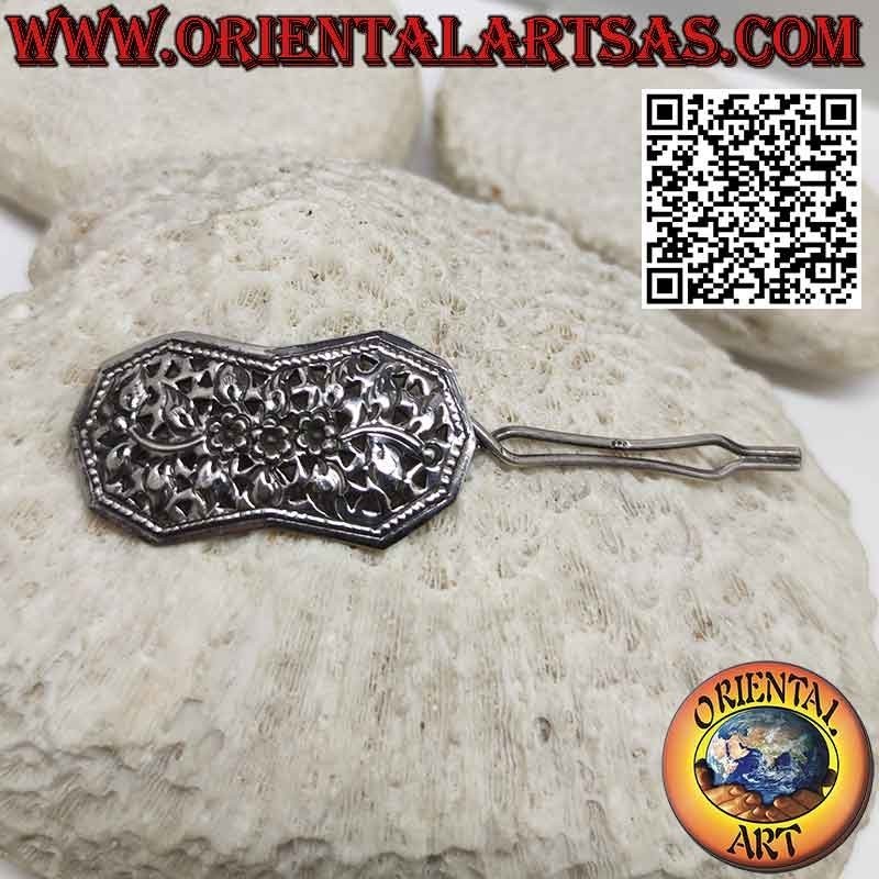 Barrette à cheveux en argent 925 ciselé floral avec petit peigne