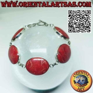 Bracelet in 925 ‰ silver with 6 large oval red madrepores (coral).
