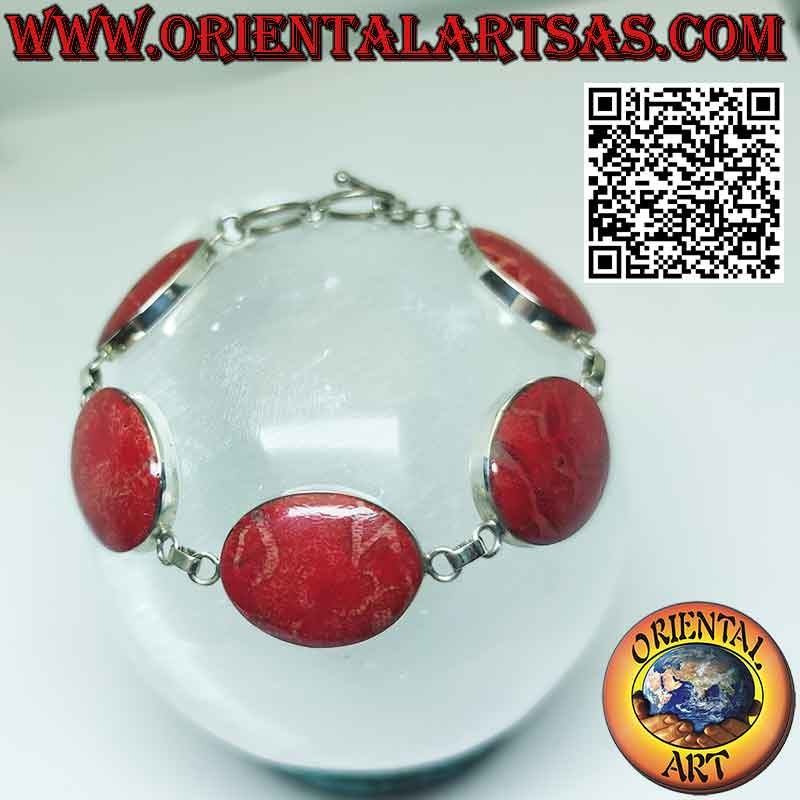 Pulsera en plata 925 ‰ con 6 madréporas grandes ovales rojas (coral).