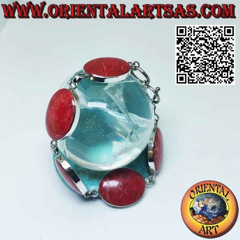Pulsera en plata 925 ‰ con 6 madréporas grandes ovales rojas (coral).