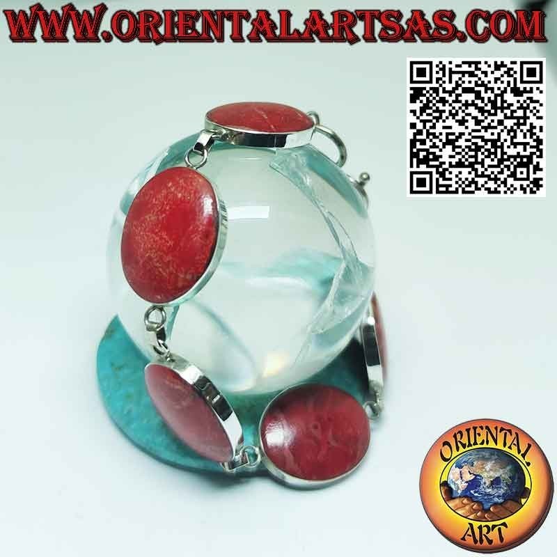 Bracciale in argento 925 ‰ con 6 madrepore rosse (corallo) ovali grandi