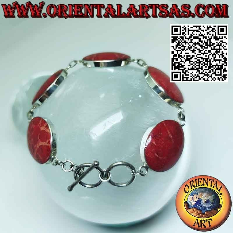 Bracelet in 925 ‰ silver with 6 large oval red madrepores (coral).