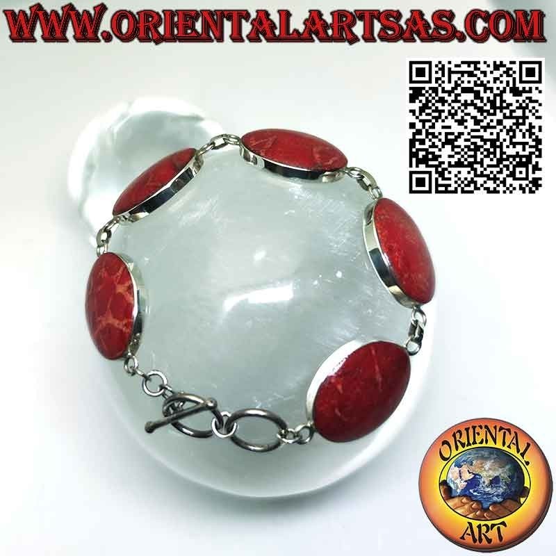 Pulsera en plata 925 ‰ con 6 madréporas grandes ovales rojas (coral).