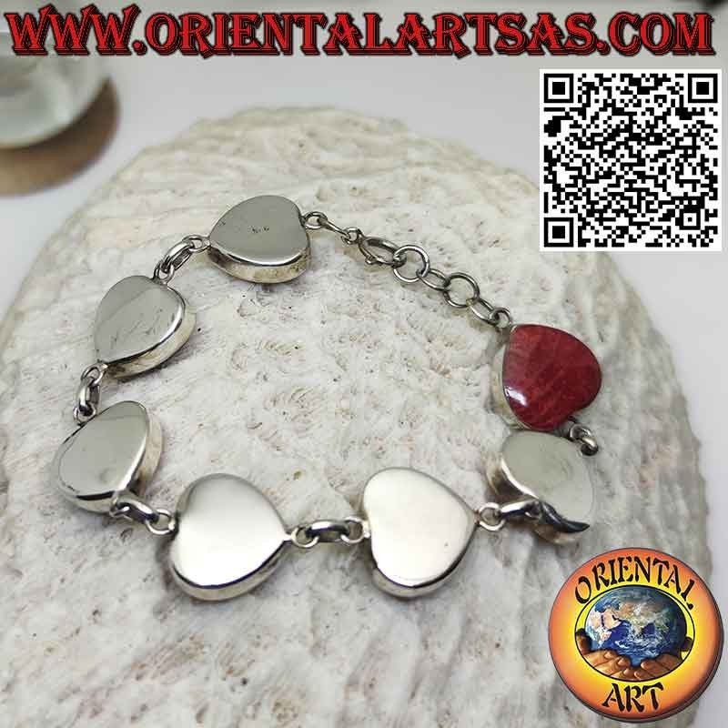 Bracciale in argento 925 ‰ con 7 cuori di madrepore rosse (corallo)