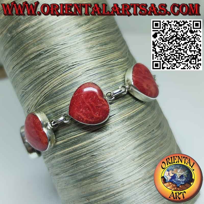 Pulsera en plata 925 ‰ con 7 corazones de madrépora roja (coral)