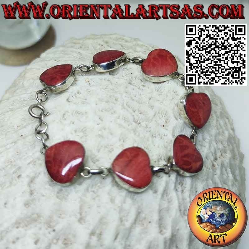 Pulsera en plata 925 ‰ con 7 corazones de madrépora roja (coral)