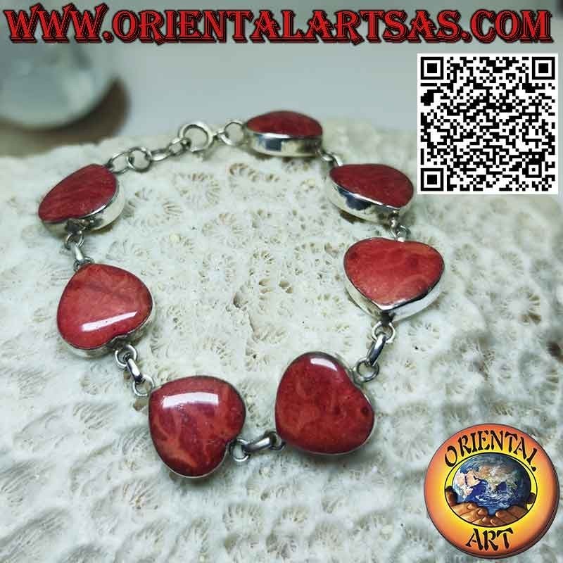 Armband aus 925 ‰ Silber mit 7 roten Madrepore-Herzen (Koralle)