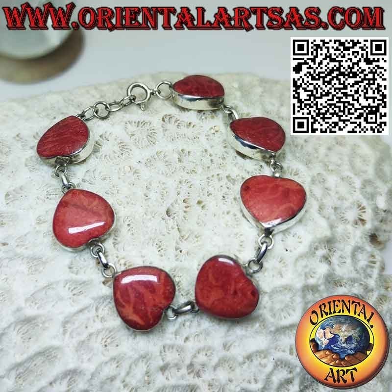 Armband aus 925 ‰ Silber mit 7 roten Madrepore-Herzen (Koralle)