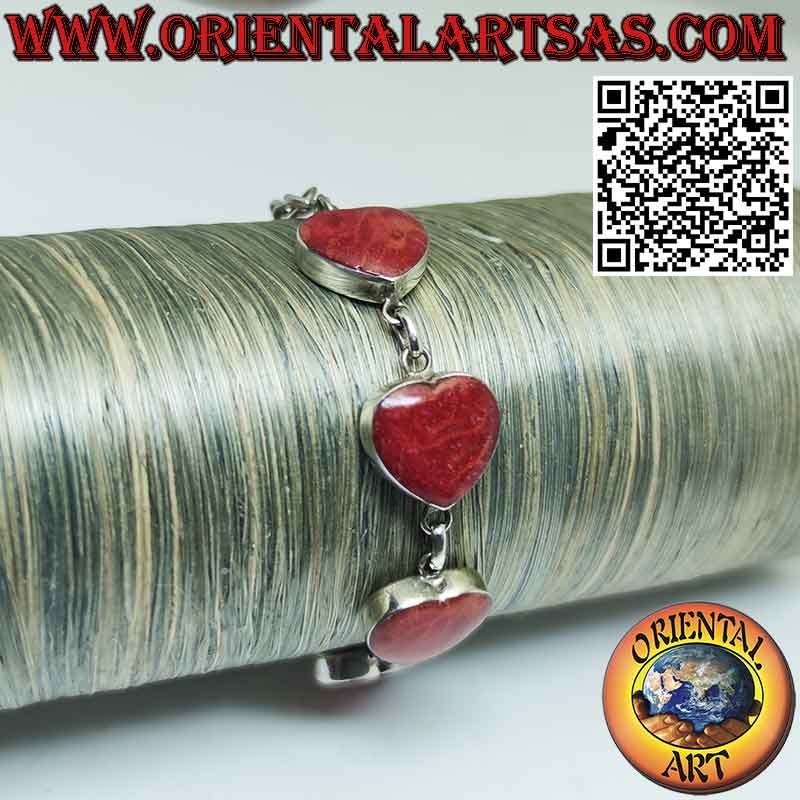 Armband aus 925 ‰ Silber mit 7 roten Madrepore-Herzen (Koralle)