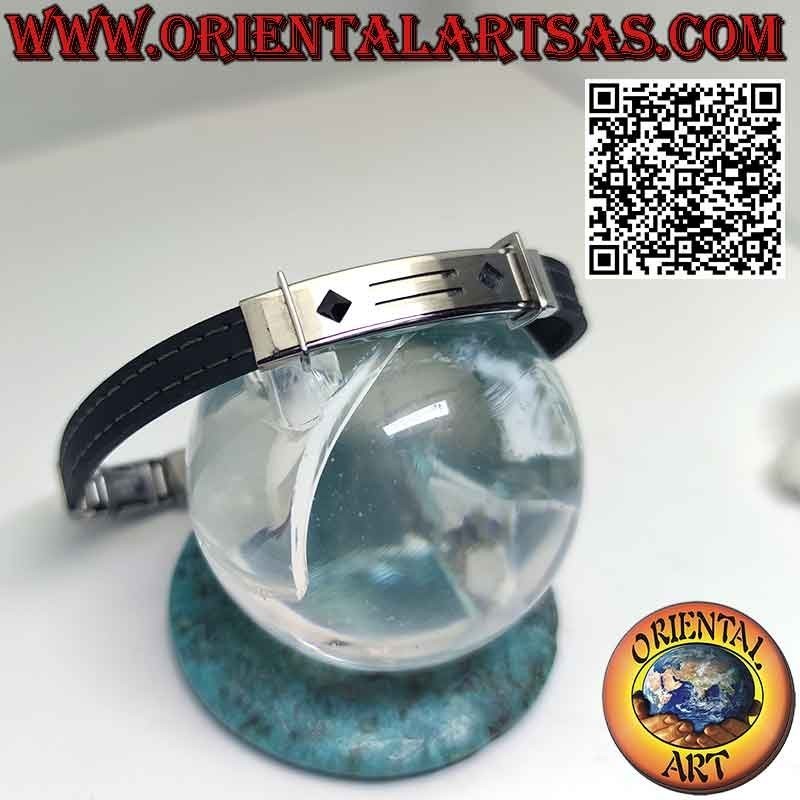 Pulseras de acero con pirámide de circonitas negras y correa de piel