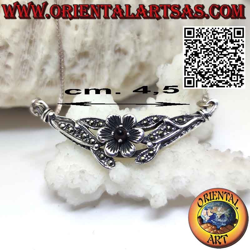 Necklace in 925 silver with a rose with garnet in the center and marcasite