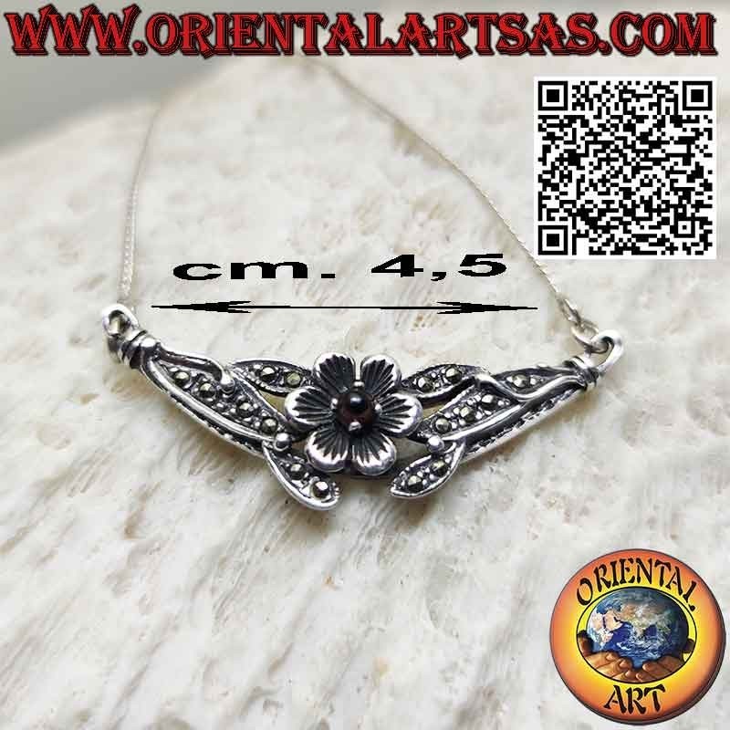 Necklace in 925 silver with a rose with garnet in the center and marcasite