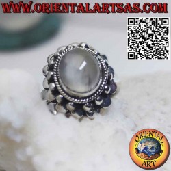 Silver ring with natural moonstone surrounded by spheres