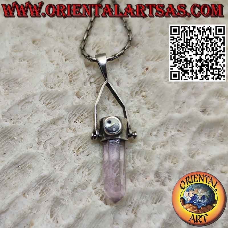 Mobile silver pendant with natural amethyst prism and yin yang