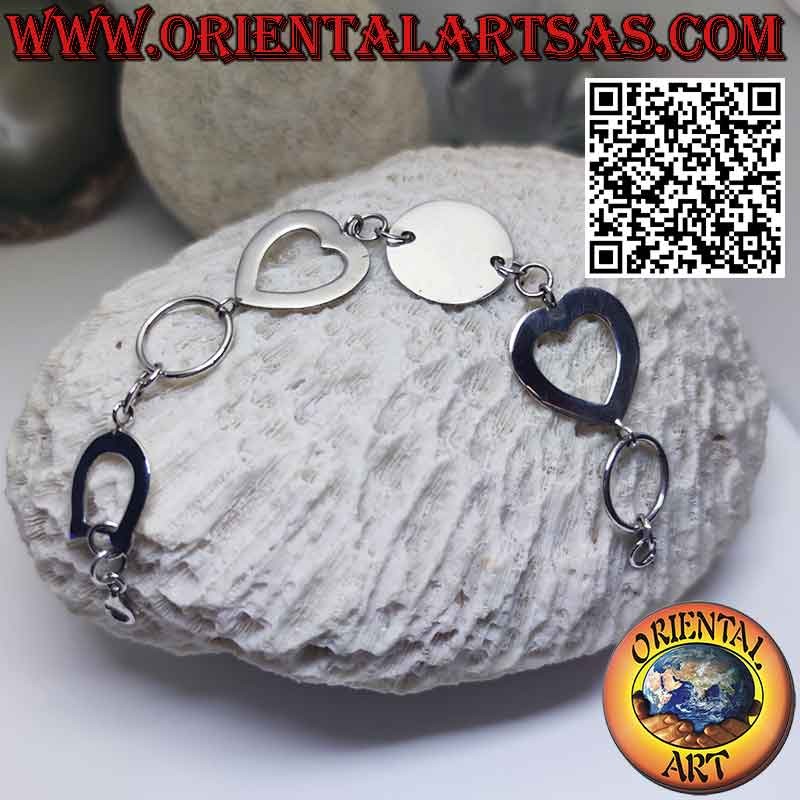 Bracciale in argento con 1 piastra tonda 2 cuori e 1 a ferro di cavallo