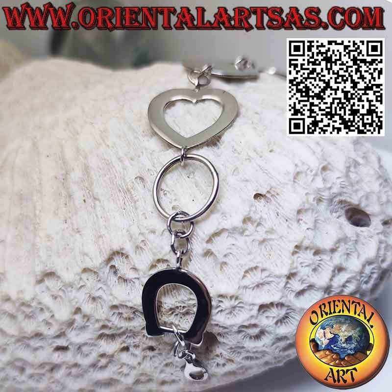 Pulsera de plata con 1 placa redonda 2 corazones y 1 herradura