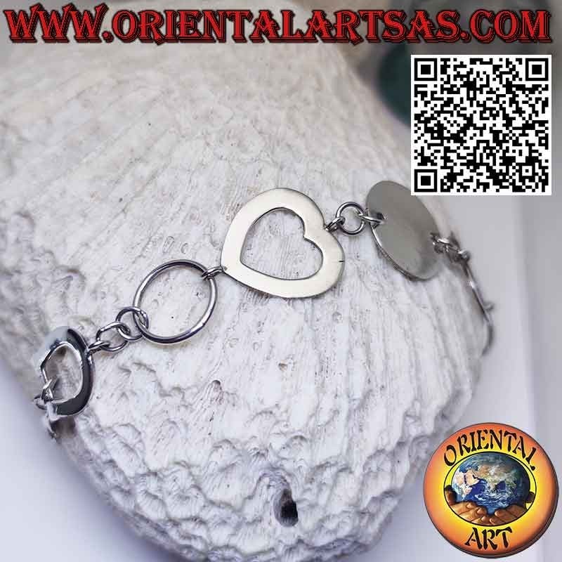 Pulsera de plata con 1 placa redonda 2 corazones y 1 herradura