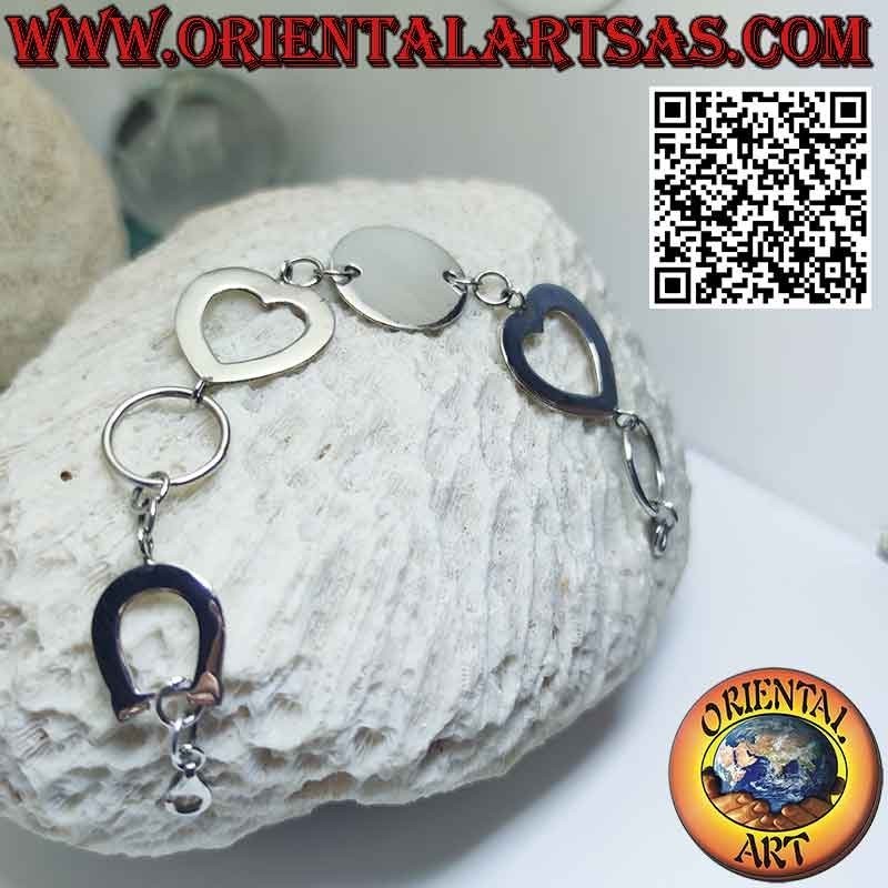 Silver bracelet with 1 round plate 2 hearts and 1 horseshoe