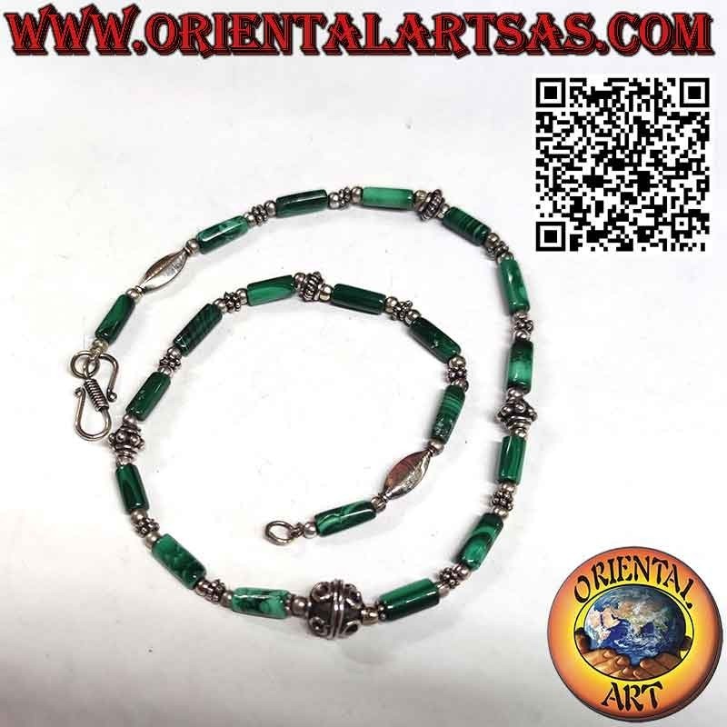 Natural Malachite & Silver Cylinder Bead Necklace | Oriental Art