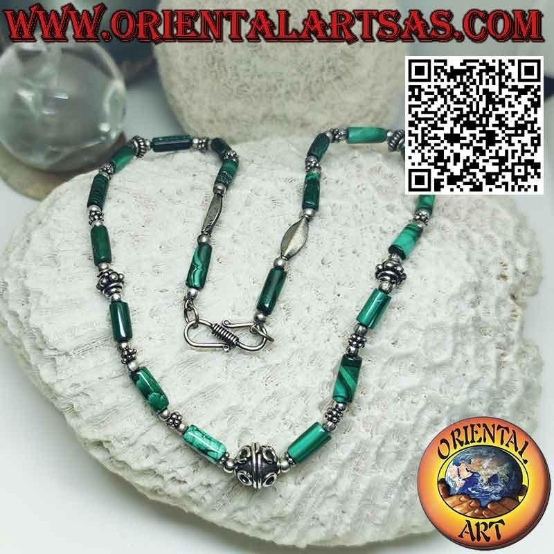 Collana Malachite Naturale: Cilindri, Sfere & Argento