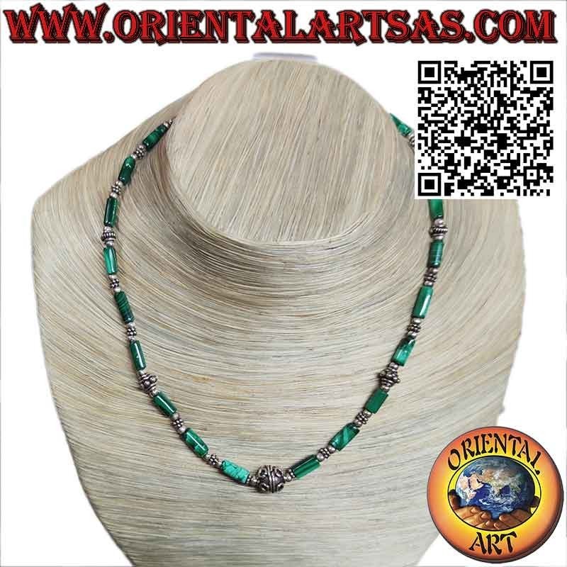 Natural Malachite & Silver Cylinder Bead Necklace | Oriental Art