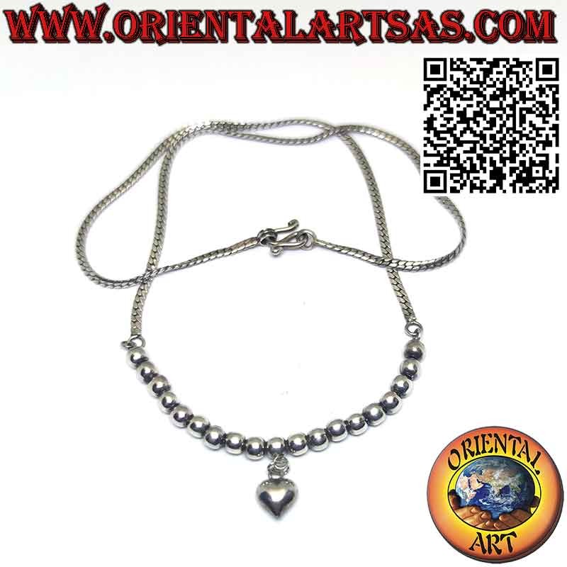 Collana in argento 925 ‰ con diciannove sfere ed un  cuore pendente