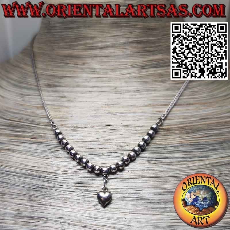Collana in argento 925 ‰ con diciannove sfere ed un  cuore pendente