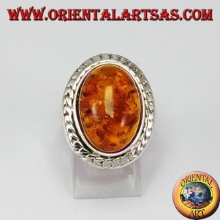 Silver ring with large oval amber