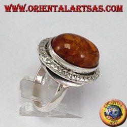 Silver ring with large oval amber