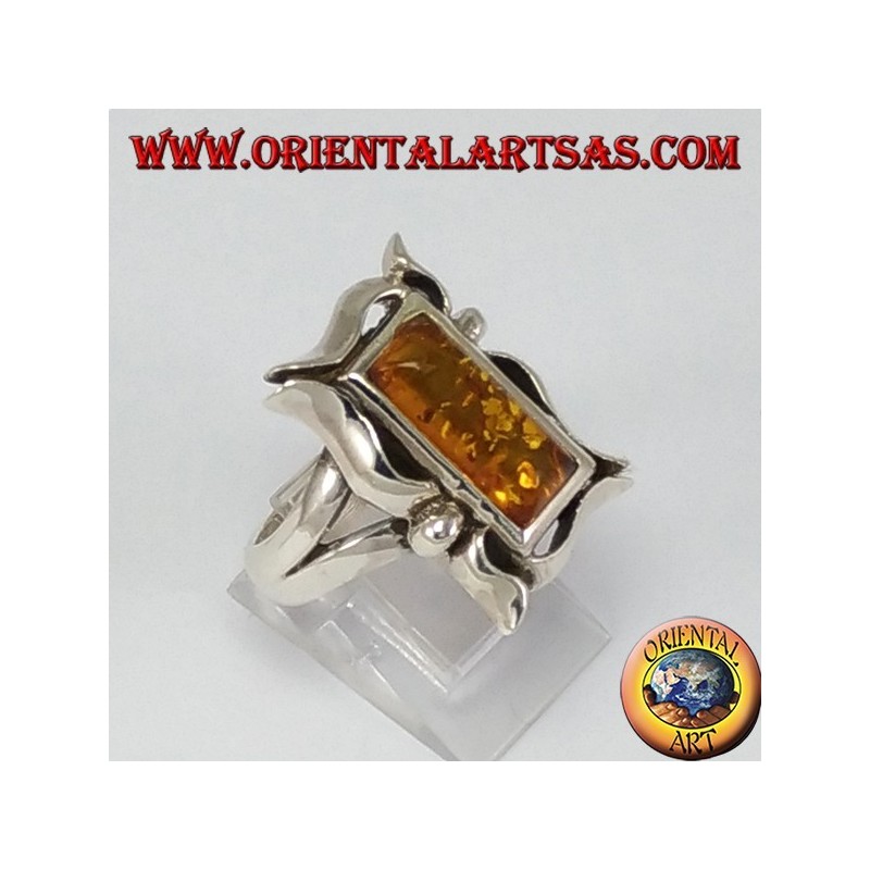 Silver ring with rectangular amber in frame