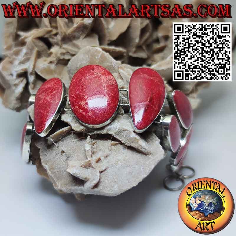 Bracelet en argent 925 ‰ avec 10 madrépores rouges multiformes (corail).