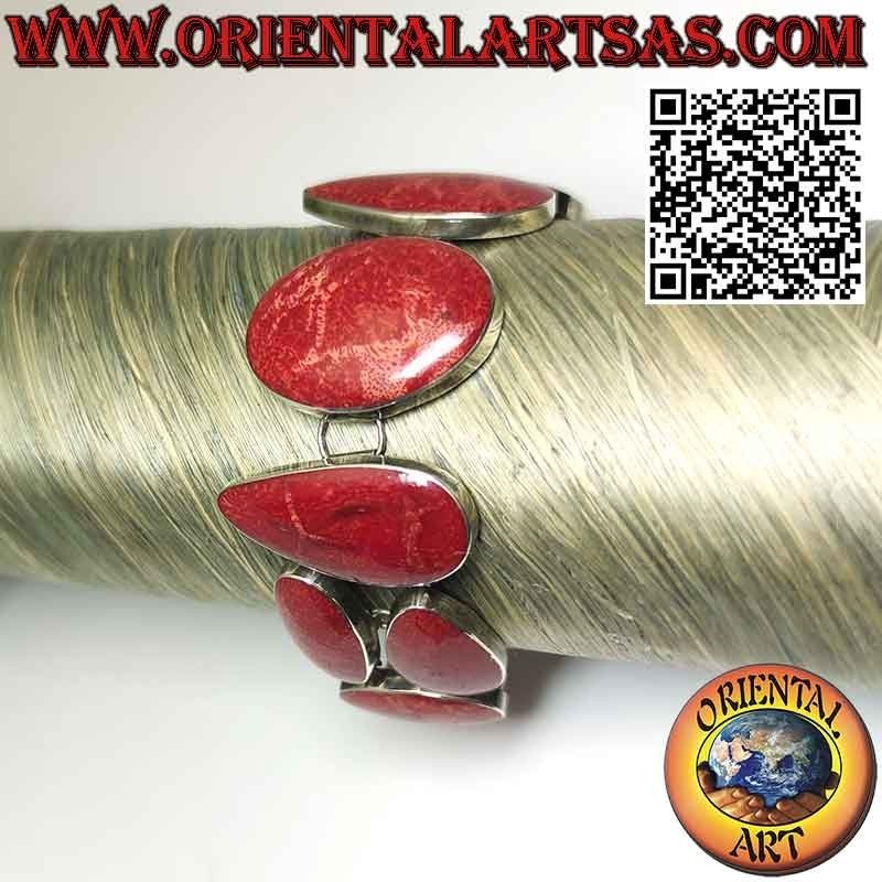 Pulsera en plata 925 ‰ con 10 madréporas rojas multiformes (coral).